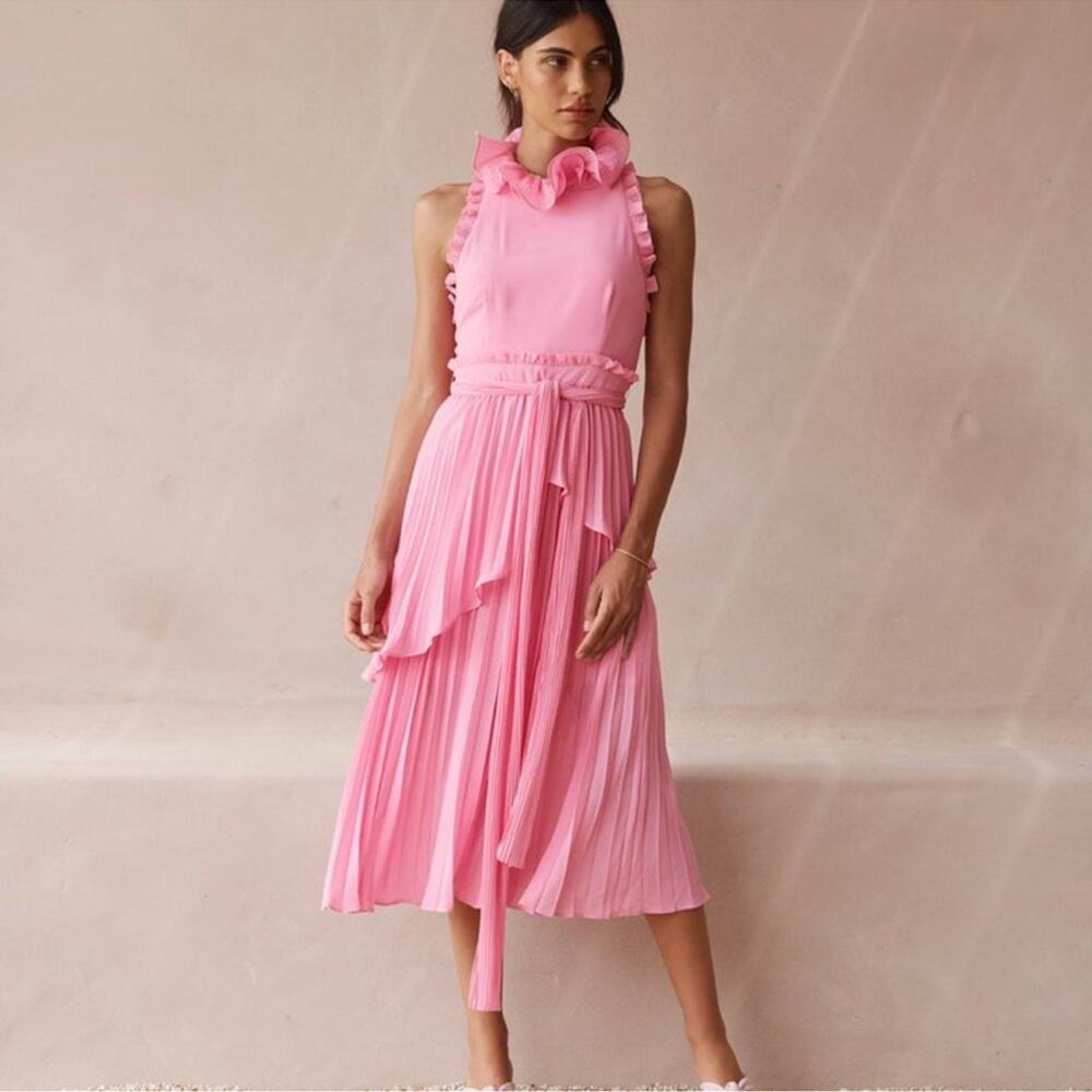 La Maison Talulah Women’s Jodi Ruffle High Neck Pleated Orchid Pink Midi Dress L